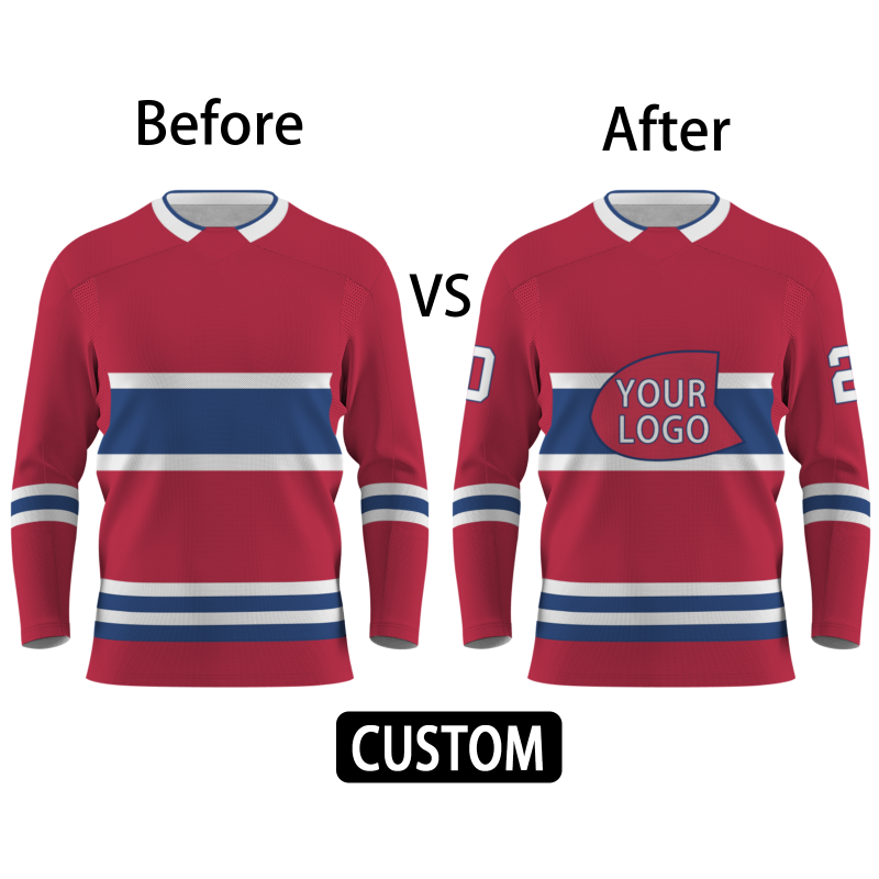 Custom Red Blue - White V-Neck Classical Style Hockey Jersey