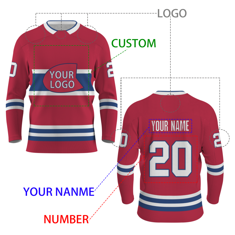 Custom Red Blue - White V-Neck Classical Style Hockey Jersey
