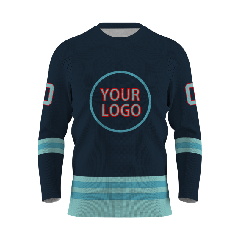 Custom Dark Blue Mint Green Light Blue - Red Classical Style Hockey Jersey
