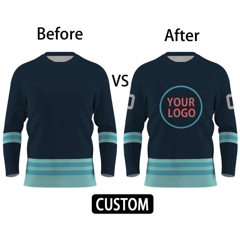 Custom Dark Blue Mint Green Light Blue - Red Classical Style Hockey Jersey