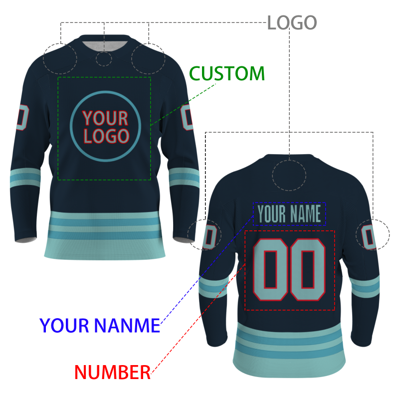Custom Dark Blue Mint Green Light Blue - Red Classical Style Hockey Jersey