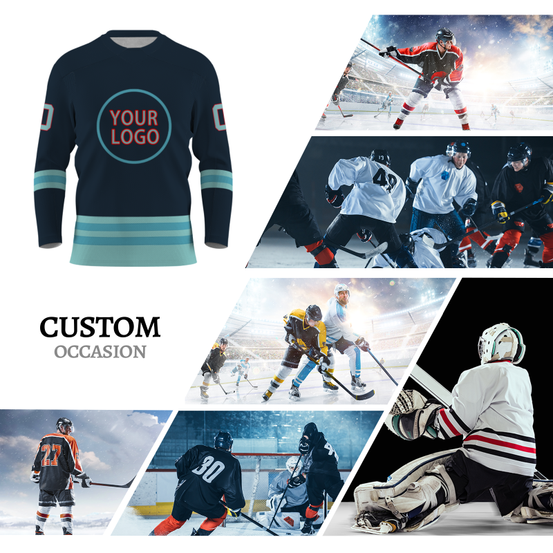 Custom Dark Blue Mint Green Light Blue - Red Classical Style Hockey Jersey