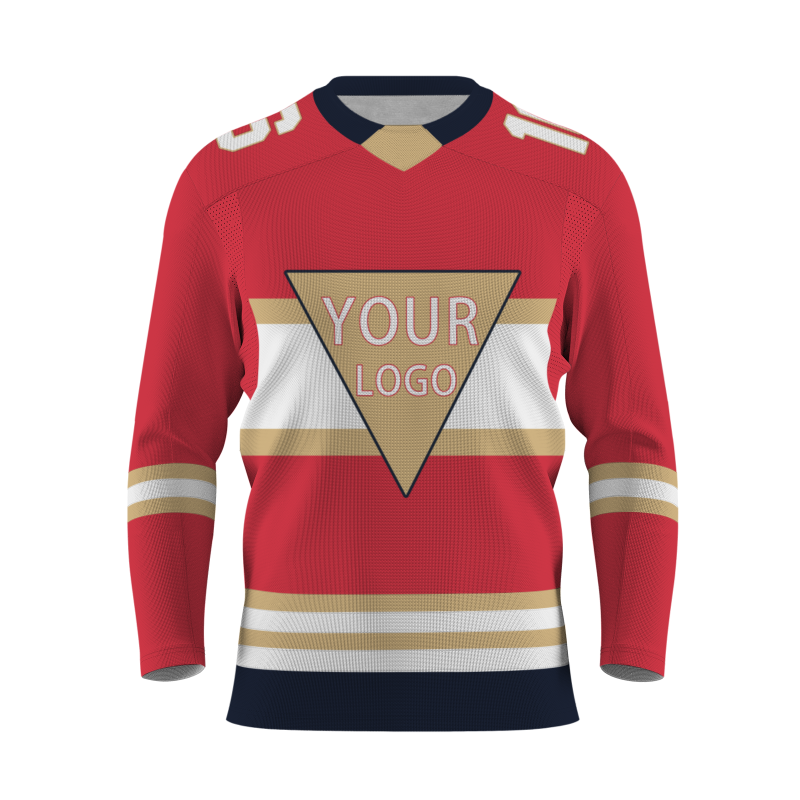 Custom Red Khaki White - Dark Blue V-Neck Classical Style Hockey Jersey