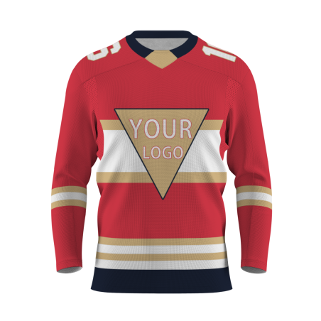 Custom Red Khaki White - Dark Blue V-Neck Classical Style Hockey Jersey