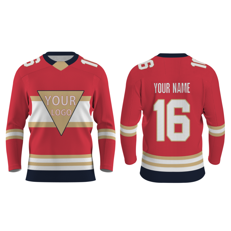 Custom Red Khaki White - Dark Blue V-Neck Classical Style Hockey Jersey