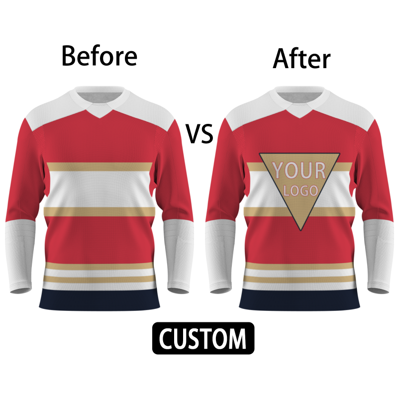 Custom Red Khaki White - Dark Blue V-Neck Classical Style Hockey Jersey