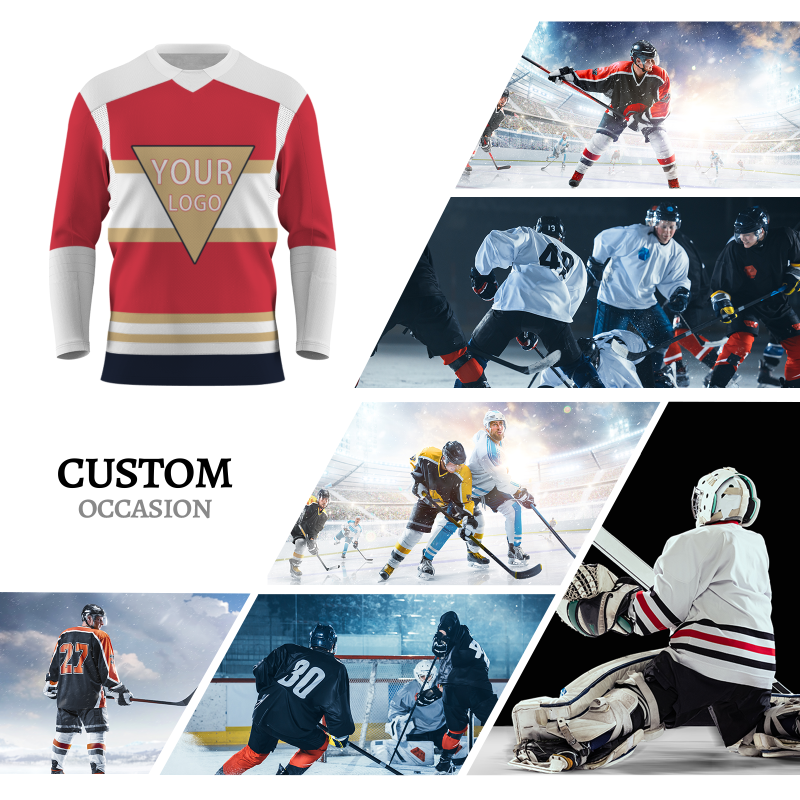 Custom Red Khaki White - Dark Blue V-Neck Classical Style Hockey Jersey