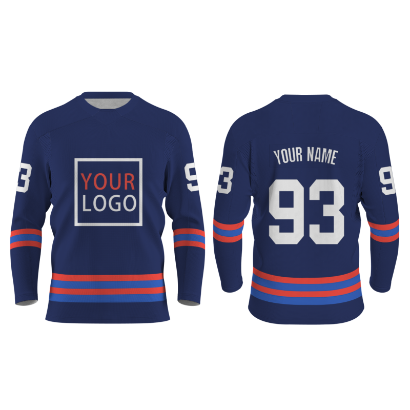 Custom Navy Blue Orange Blue - White V-Neck Classical Style Hockey Jersey