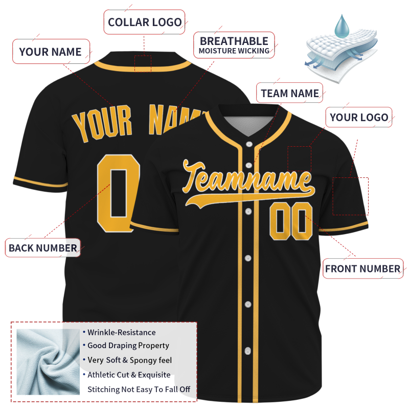 Custom Black Gold Solid Color Classic Style Authentic Baseball Jersey