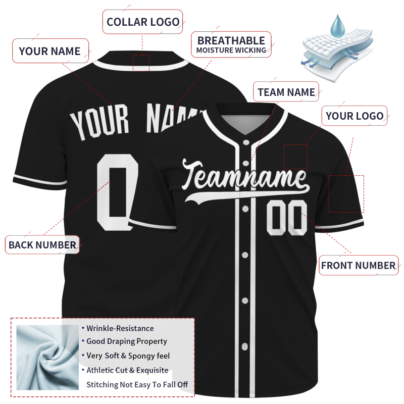 Custom Black White Fashion Design Full Button Authentic Baseball Jersey