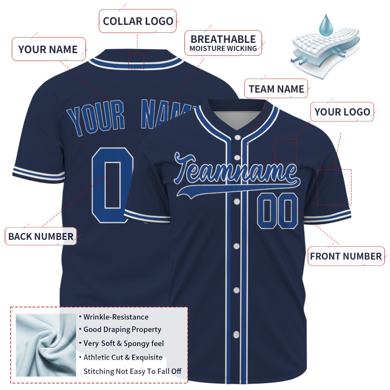 Custom Navy Blue  White Fashion Design Full Button Authentic Baseball Jersey