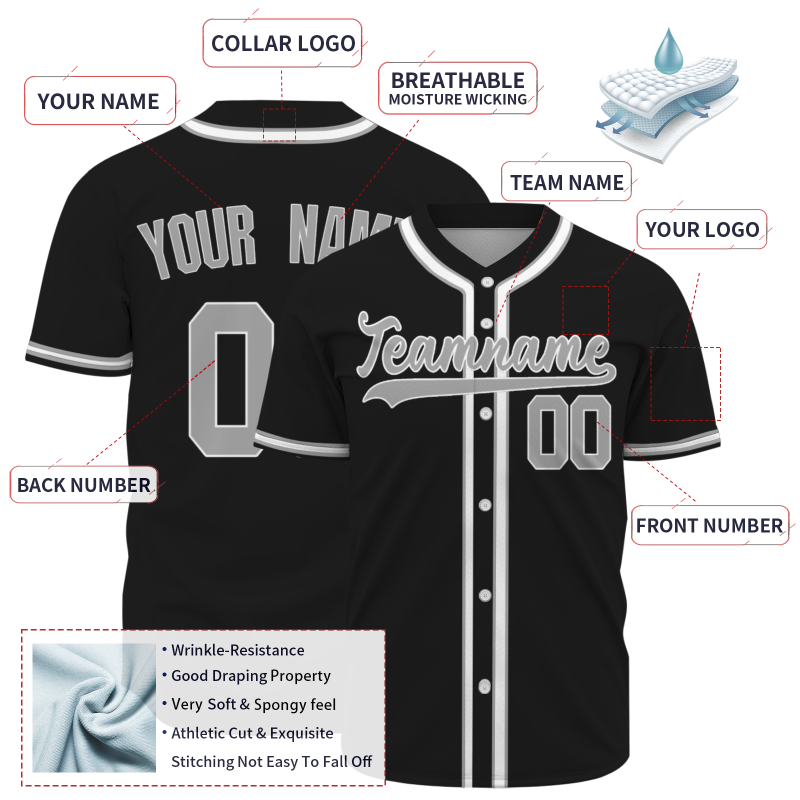 Custom Black Gray Fashion Design Full Button Authentic Baseball Jersey