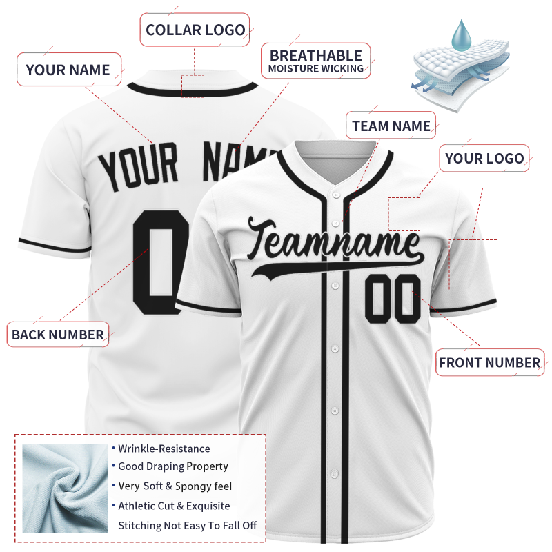 Custom White Black Fashion Design Full Button Authentic Baseball Jersey