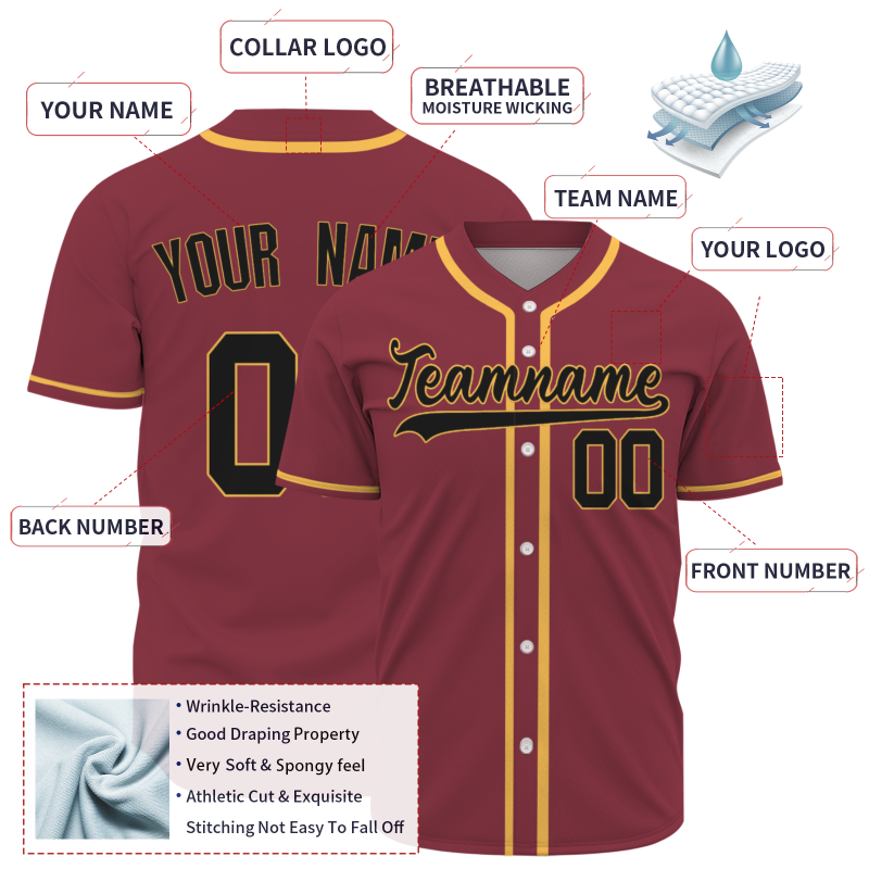Custom Burgundy Black Full Button Fashion Design Down Baseball Jersey Sports Team Jersey