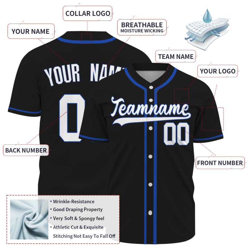 Custom Black Blue White Full Button Fashion Design Down Baseball Jersey Sports Team Jersey