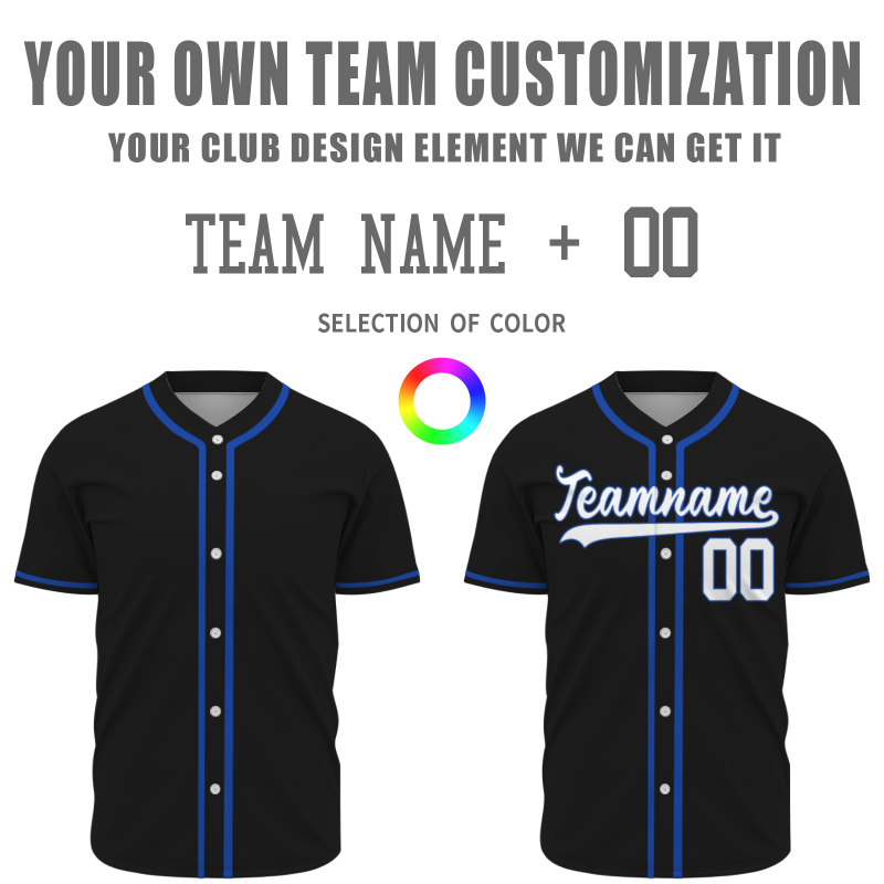 Custom Black Blue White Full Button Fashion Design Down Baseball Jersey Sports Team Jersey
