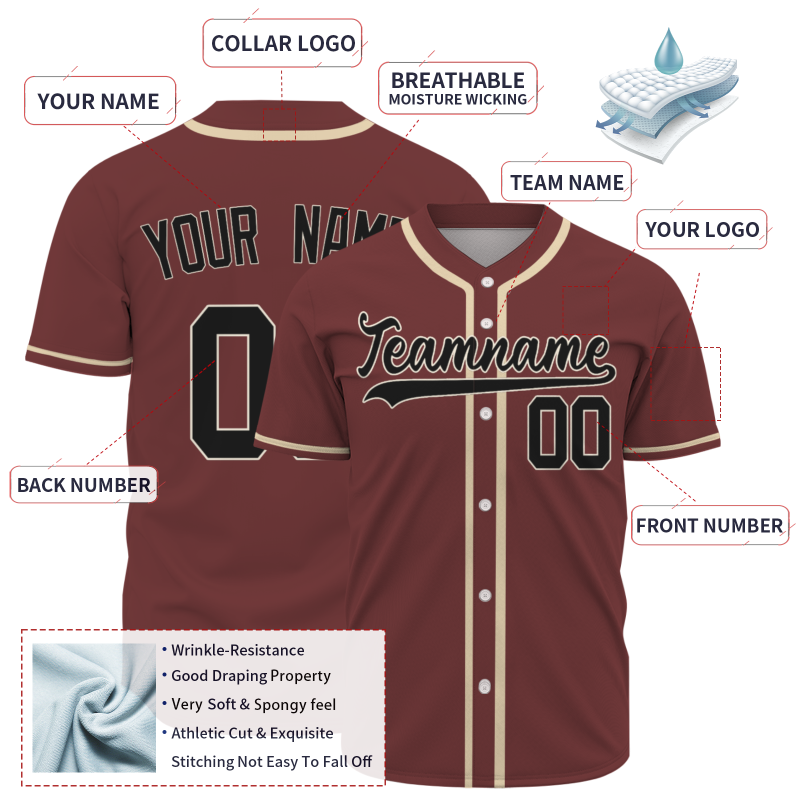 Custom Burgundy Black Button Fashion Design Down Baseball Jersey Sports Team Jersey