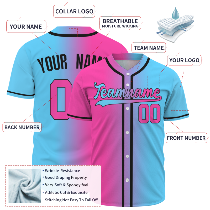 Custom Pink Blue Black Gradient Button Fashion Design Down Baseball Jersey Sports Team Jersey