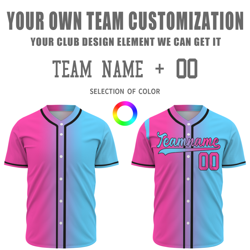 Custom Pink Blue Black Gradient Button Fashion Design Down Baseball Jersey Sports Team Jersey