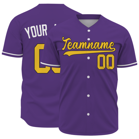Custom Purple Gold White Button Fashion Design Down Baseball Jersey Sports Team Jersey