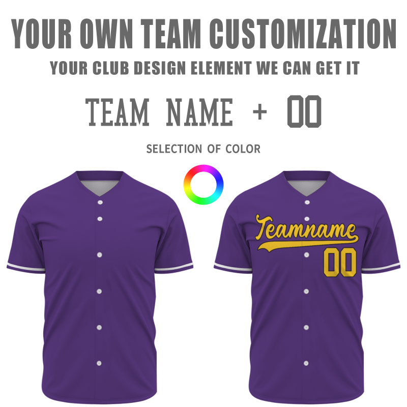 Custom Purple Gold White Button Fashion Design Down Baseball Jersey Sports Team Jersey