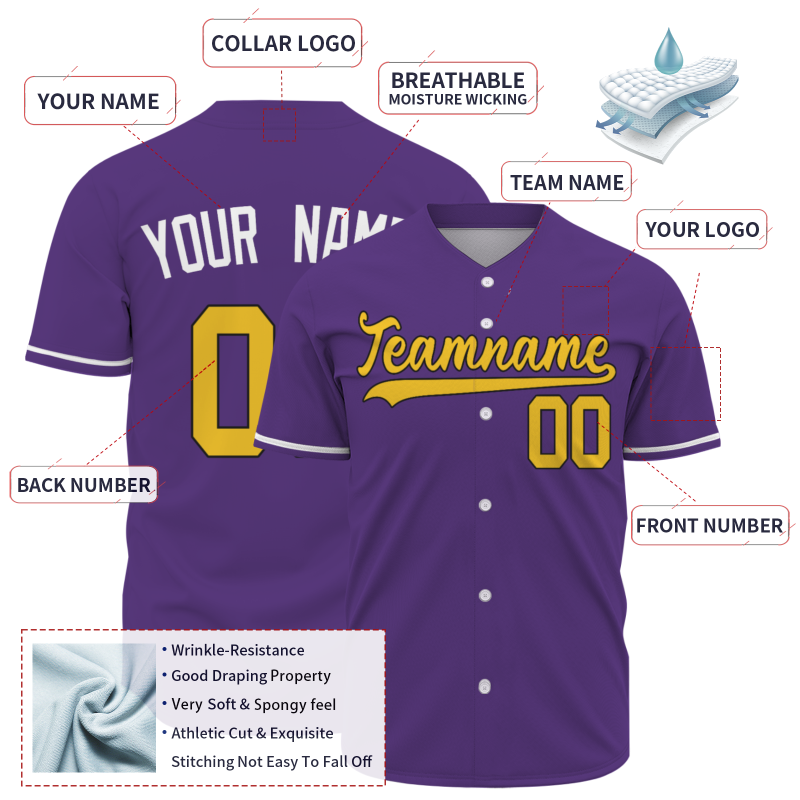 Custom Purple Gold White Button Fashion Design Down Baseball Jersey Sports Team Jersey