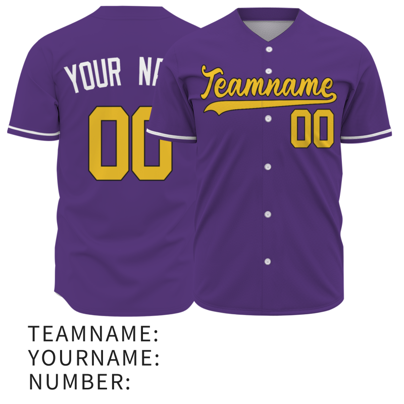 Custom Purple Gold White Button Fashion Design Down Baseball Jersey Sports Team Jersey