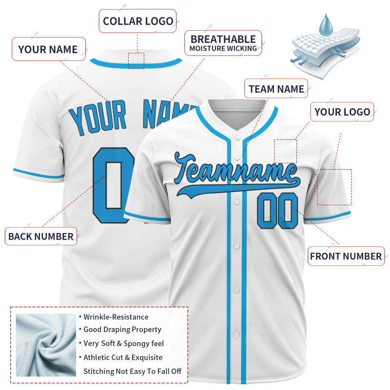 Custom White Blue Button Fashion Design Down Baseball Jersey Sports Team Jersey