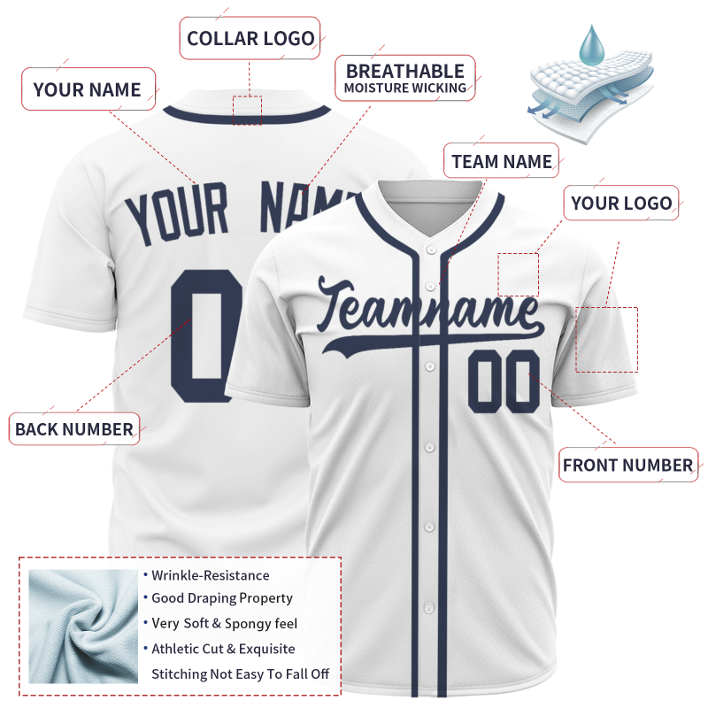 Custom White Navy Blue Button Fashion Design Down Baseball Jersey Sports Uniforms