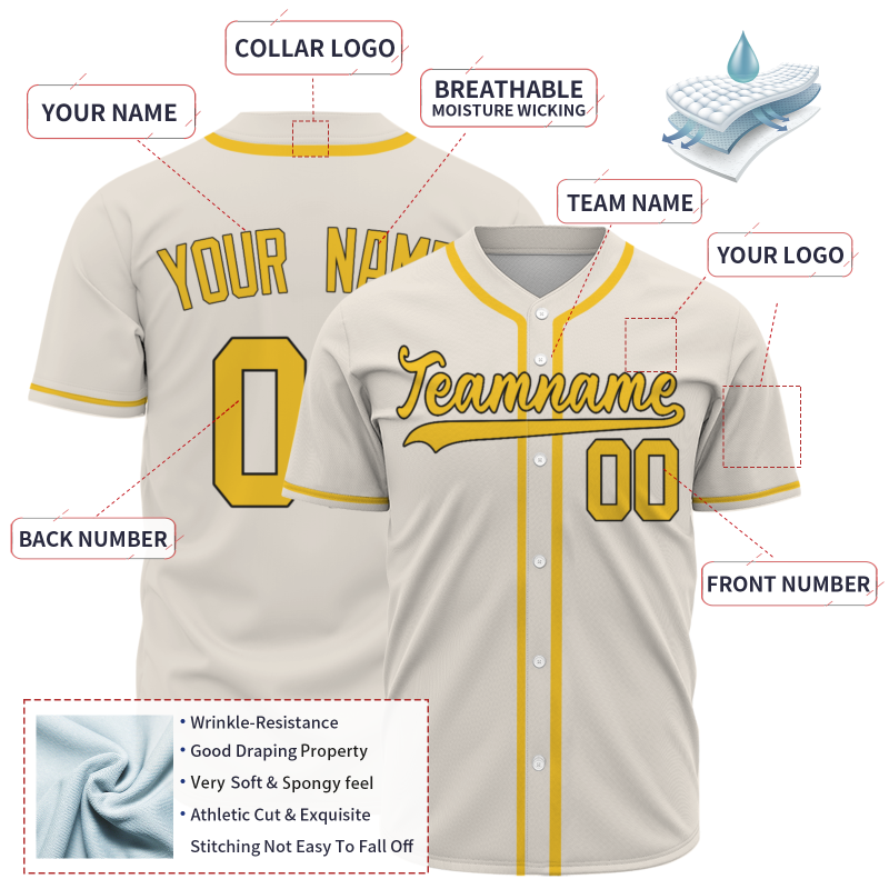 Custom Beige Gold Button Fashion Design Down Baseball Jersey Sports Uniforms