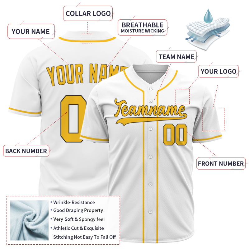 Custom White Royal Yellow Button Fashion Design Down Baseball Jersey Sports Uniforms