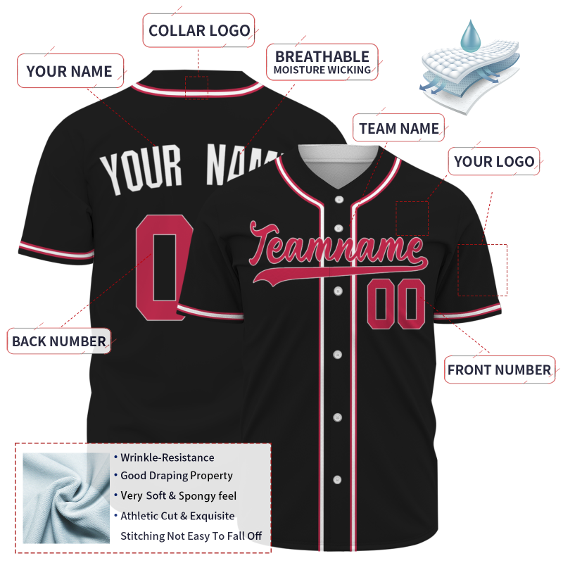 Custom Black Red White Button Fashion Design Down Baseball Jersey Sports Jersey