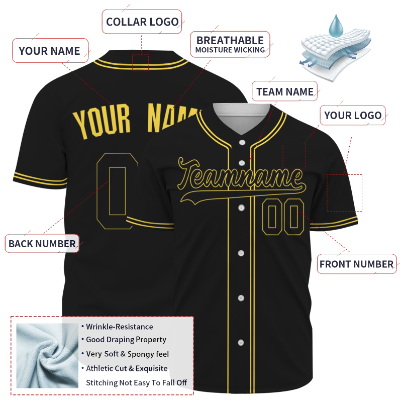 Custom Black Gold Baseball Jersey Button Down Hip Hop Baseball Shirt Stitched Name Number