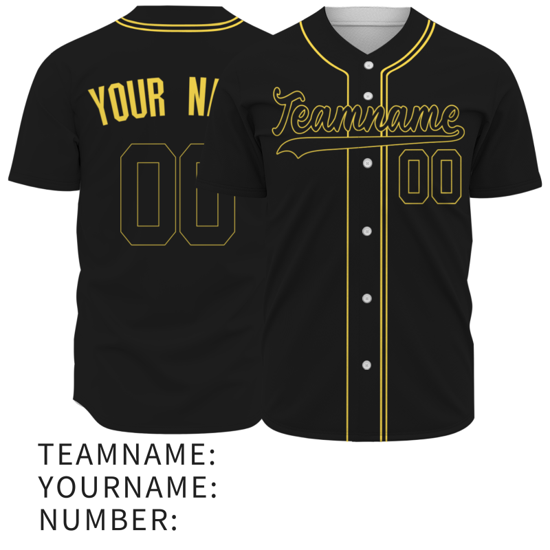 Custom Black Gold Baseball Jersey Button Down Hip Hop Baseball Shirt Stitched Name Number