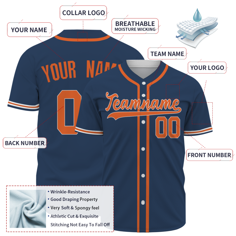 Custom Navy Orange Solider Classic Style Hip Hop Authentic Baseball Sports Jersey
