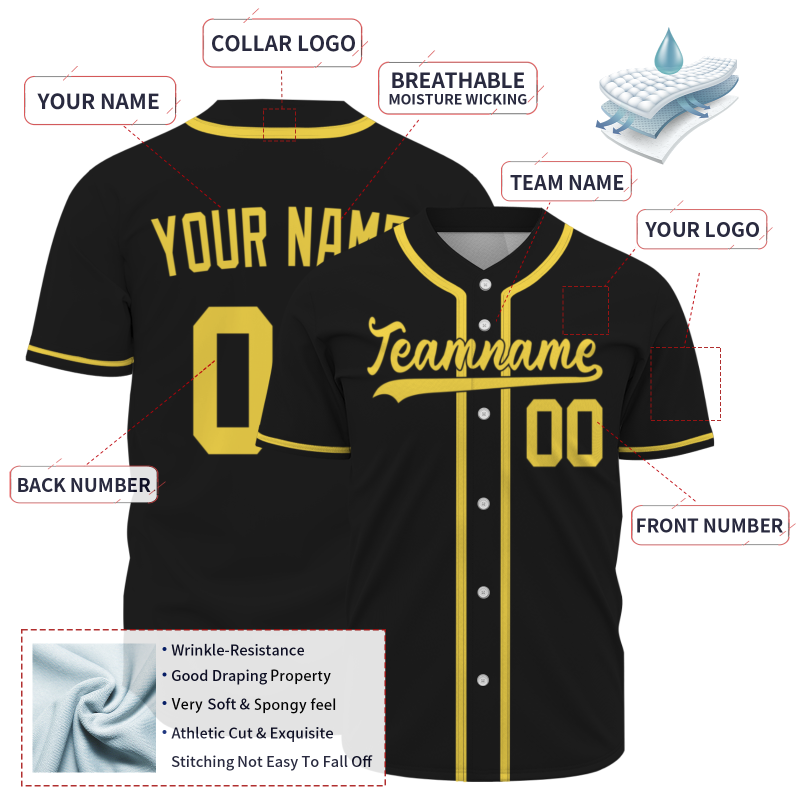 Custom Black Gold Solider Classic Style Hip Hop Authentic Baseball Sports Jersey