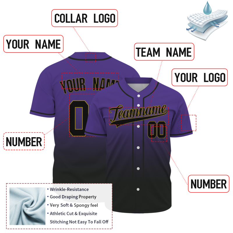 Custom Purple Black Gradient Full Button  Fashion Design Authentic Baseball Jersey