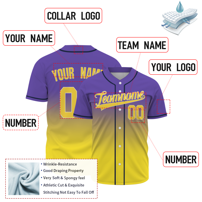 Custom Purple-Yellow Gradient Full Button  Fashion Design Authentic Baseball Jersey