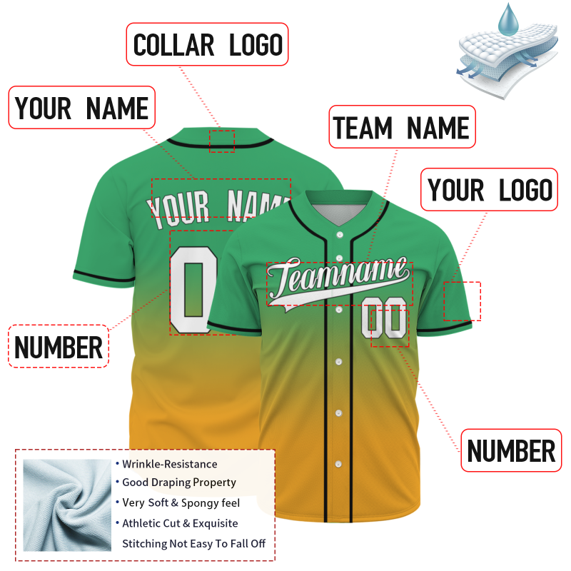 Custom Green Orange Gradient Full Button Fashion Design Authentic Baseball Jersey