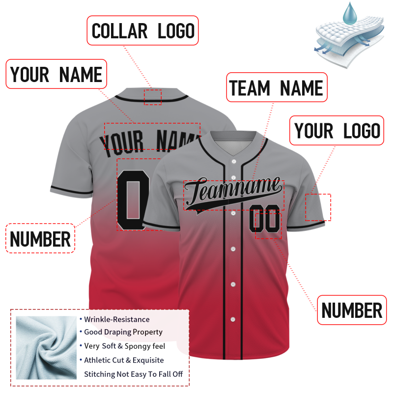 Custom Gray-Red Gradient Full Button Fashion Design Authentic Baseball Jersey