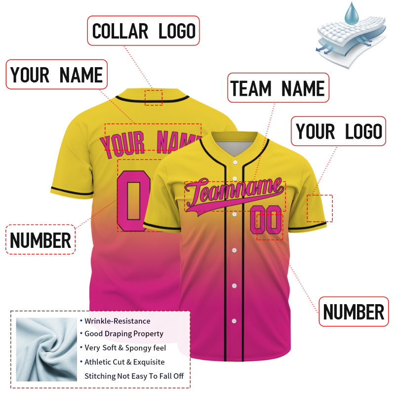 Custom  Royal Yellow Pink Gradient Full Button Fashion Design Authentic Baseball Jersey