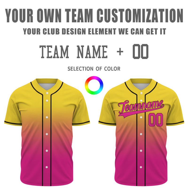 Custom  Royal Yellow Pink Gradient Full Button Fashion Design Authentic Baseball Jersey