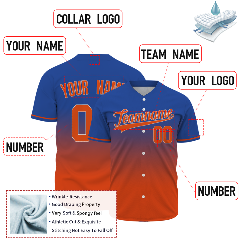 Custom Blue Orange Gradient Full Button Fashion Design Authentic Baseball Jersey