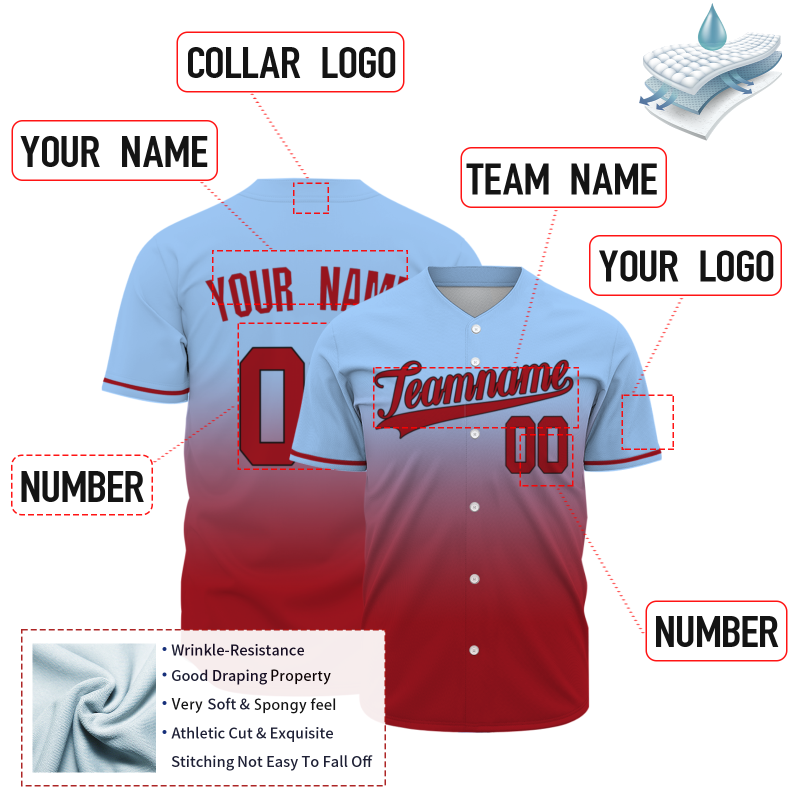 Custom Blue Red Gradient Full Button Fashion Design Authentic Baseball Jersey