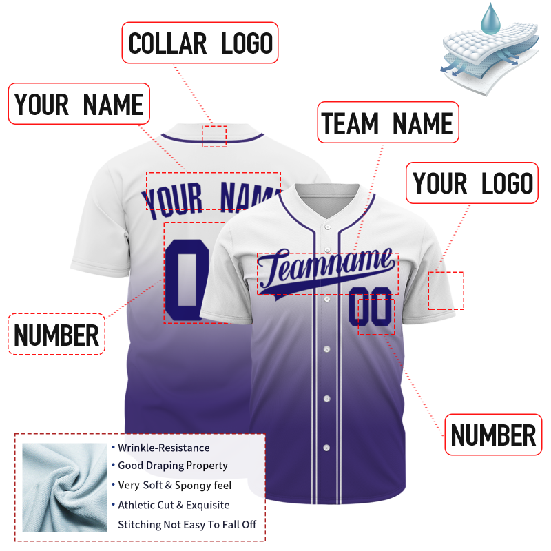Custom White Purple Gradient Baseball Jersey Full Button Fashion Design Authentic