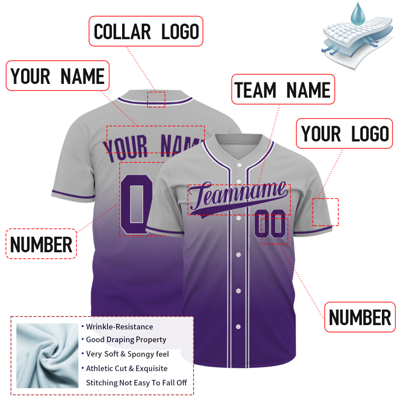 Custom Gray-Purple Gradient Baseball Jersey Full Button Fashion Design Authentic