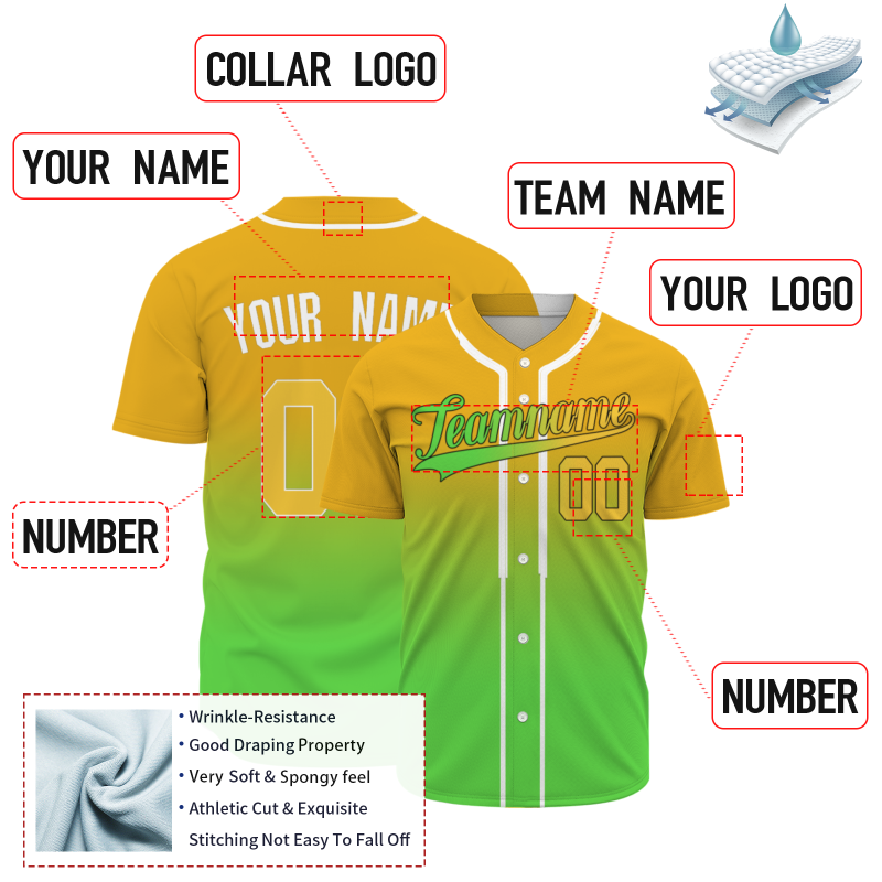 Custom Yellow Green Gradient Baseball Jersey Full Button Fashion Design Authentic