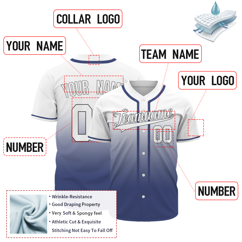 Custom White Navy Blue Gradient Baseball Jersey  Classic Style Fashion Design Authentic