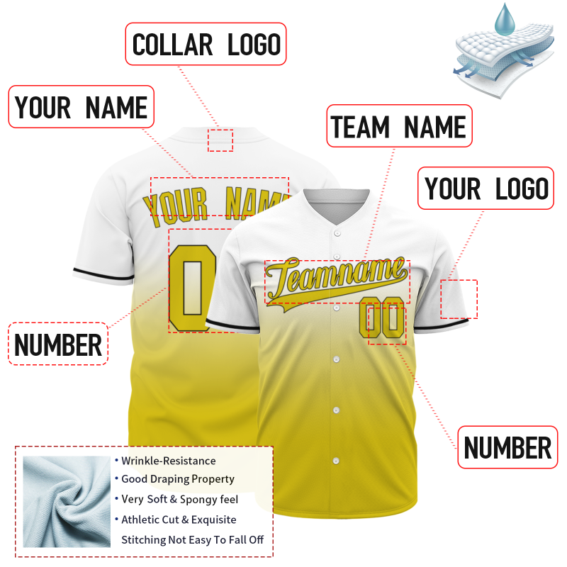 Custom White Yellow Gradient Baseball Jersey  Classic Style Fashion Design Authentic