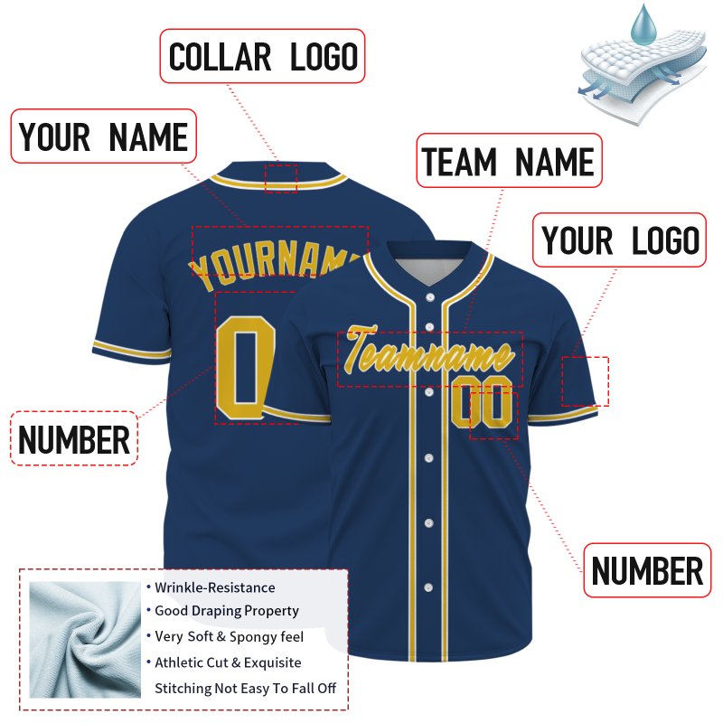 Custom Navy Blue Yellow White Fashion Design Classic Style Authentic Baseball Jersey